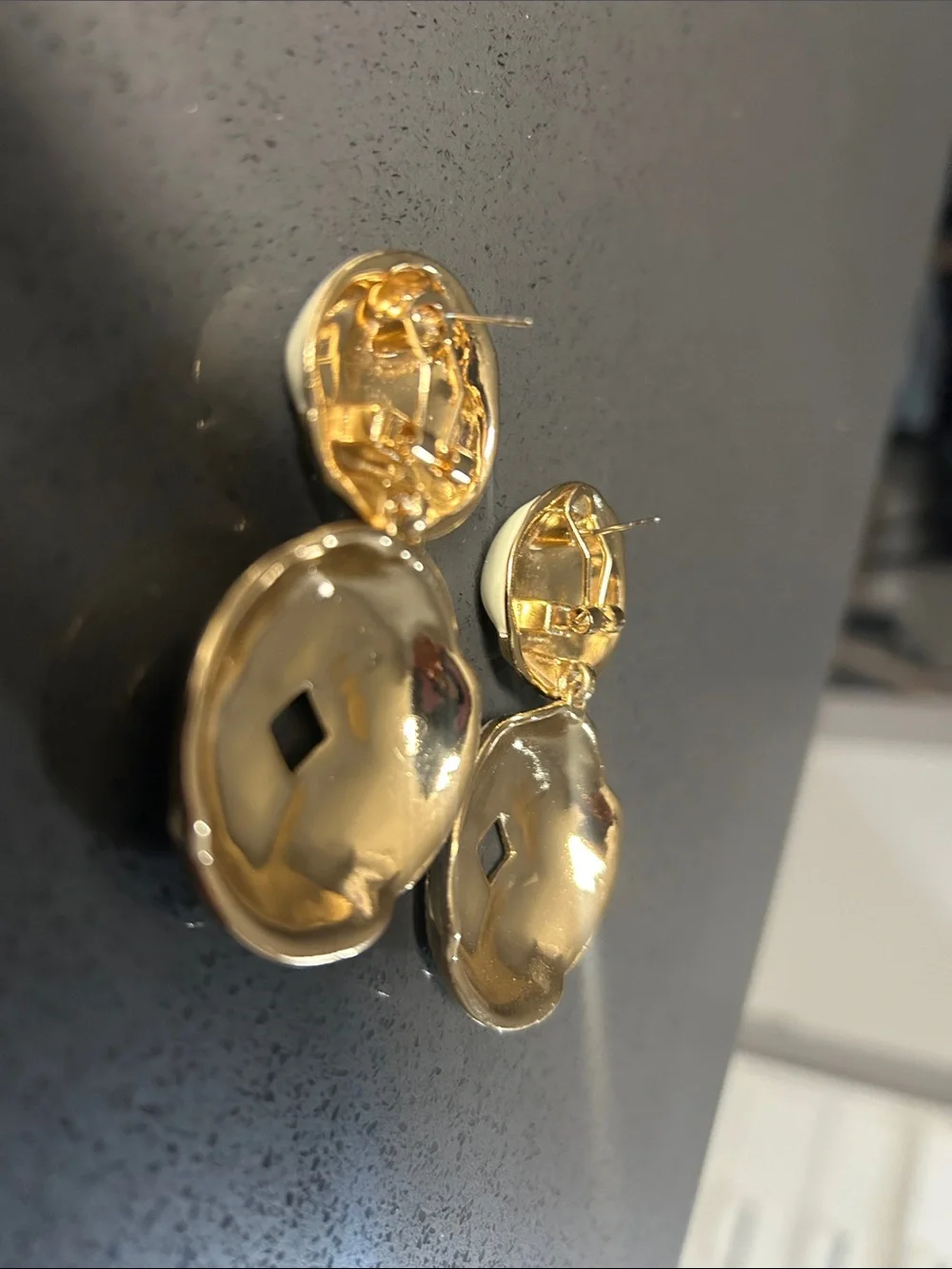 Woman’s Earings Black and Cream Round- Gold Trim